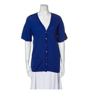 MOSCHINO Merino Wool Plunge Neckline BLUE BLK Short Sleeve Cardigan Sweater (S)